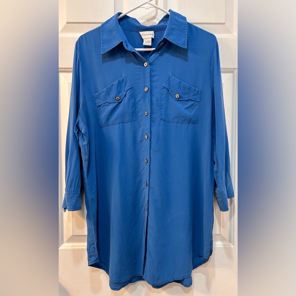 Soft Surroundings Supreme Silk Tunic Blouse Sz L‎ Royal Blue Button Front Mature